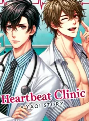 DALL·E 2024-09-18 08.34.17 – Manga-style cover illustration for a Yaoi story titled ‘Heartbeat Clinic’. Two attractive young men stand in a playful and flirty pose in front of a m