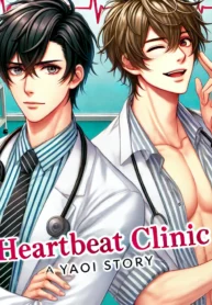 DALL·E 2024-09-18 08.34.17 – Manga-style cover illustration for a Yaoi story titled ‘Heartbeat Clinic’. Two attractive young men stand in a playful and flirty pose in front of a m
